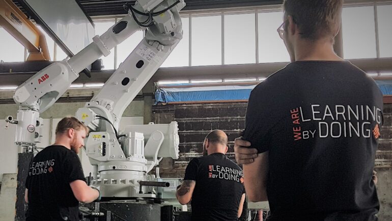 CyBe Construction 3D concrete printing technicians oversee a project